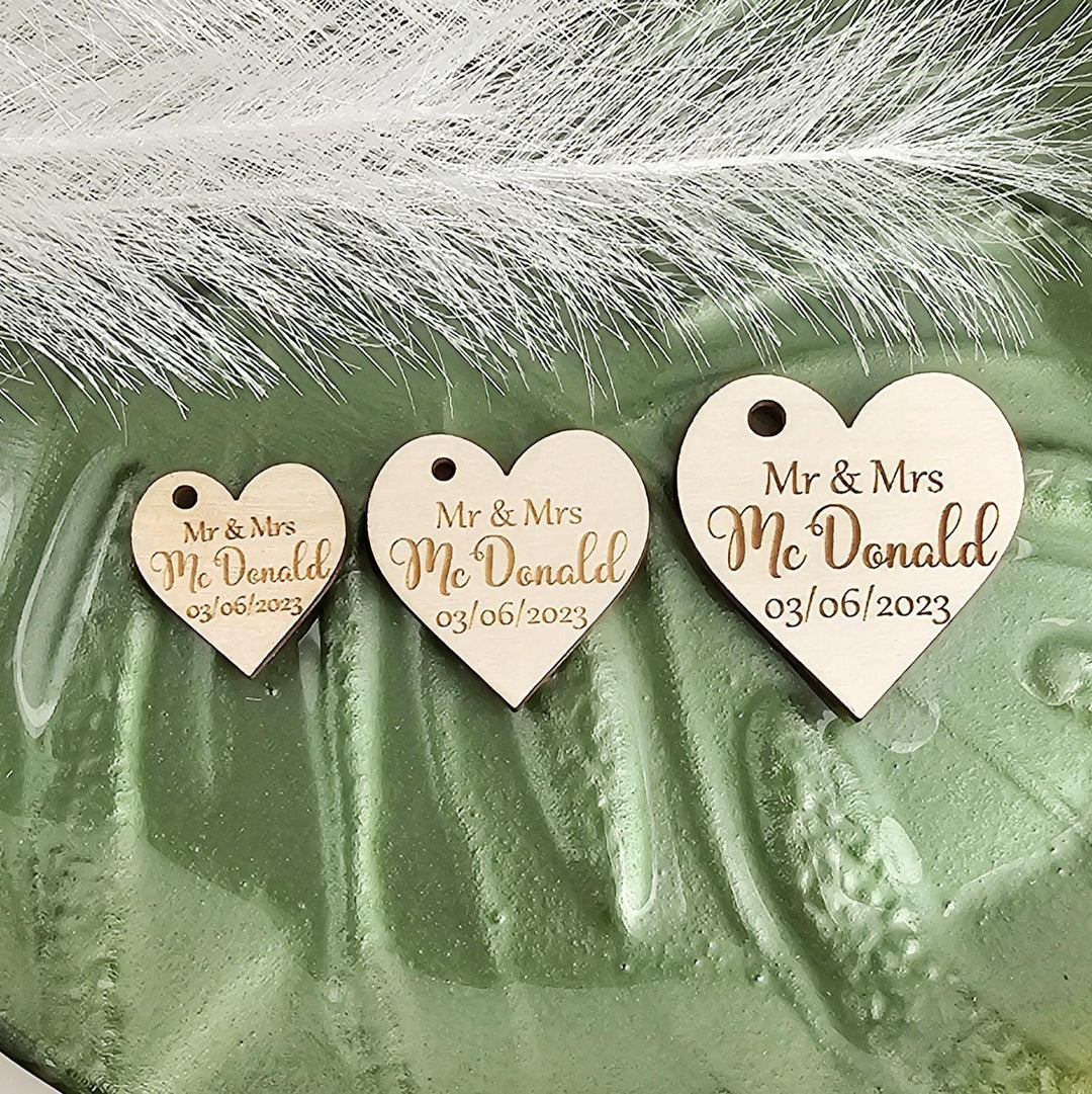 Wedding Heart Favours - Personalised Wooden Thank You Tokens,  Custom Engraved Rustic Gift Tags