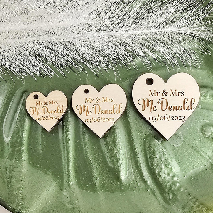 Wedding Heart Favours - Personalised Wooden Thank You Tokens,  Custom Engraved Rustic Gift Tags