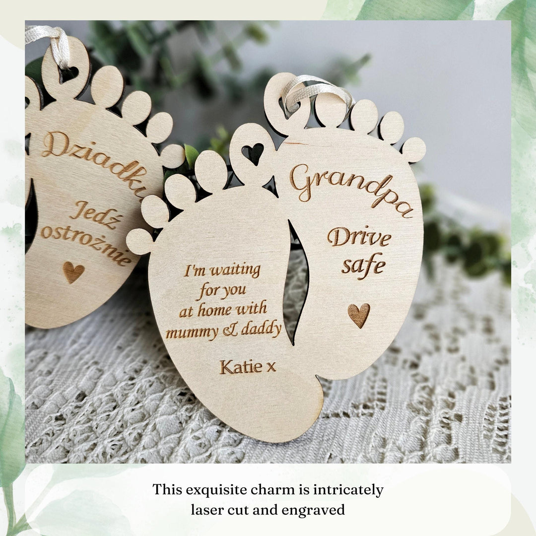 Personalised Drive Safe Wooden Pendant, Car Mirror Baby Feet Lucky Charm, Gift for Dzien Babci Dziadka, Grandfather Grandmother Mum Dad