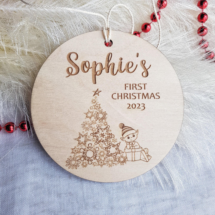 Personalised Babys First Christmas Bauble - Round Wooden Gnome Ornament Rustic Custom Keepsake