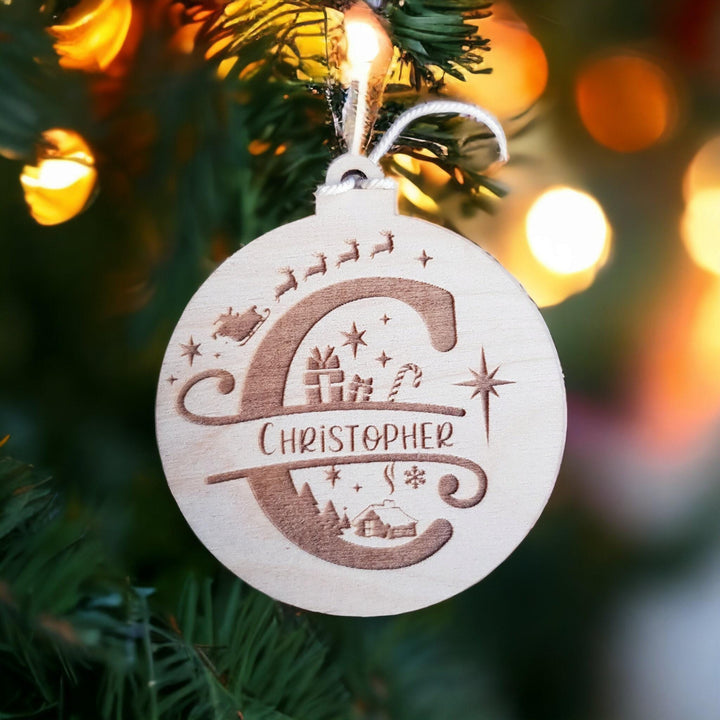Personalised Wooden Split Letter Bauble - Engraved Christmas Ornament Tag