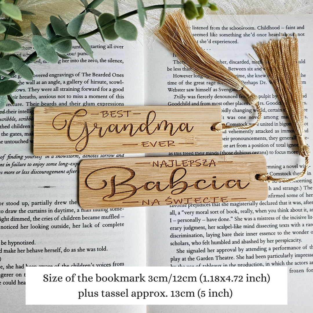 Grandmother Bookmark – Personalised Wooden Bamboo Gift with Golden Silky Tassel