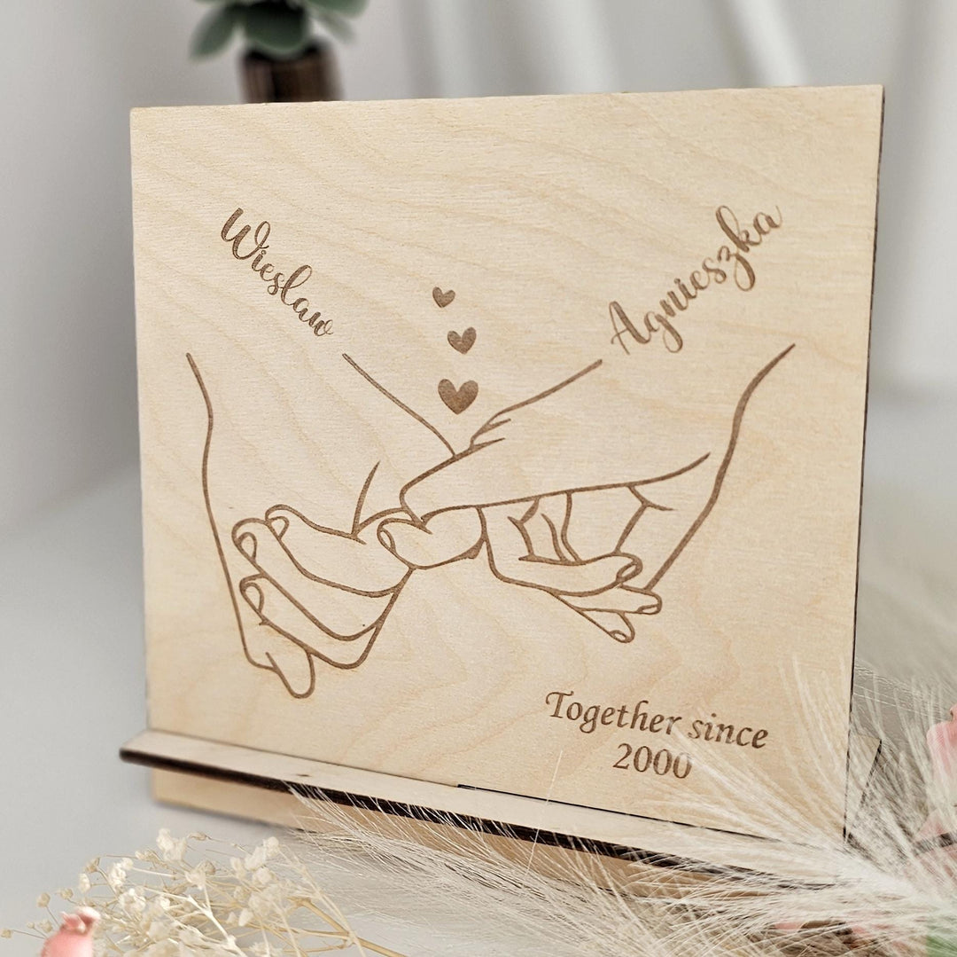 Personalised Valentine's Day gift for her for him, couple's minimalist line drawing holding hands, wooden standing card, custom names