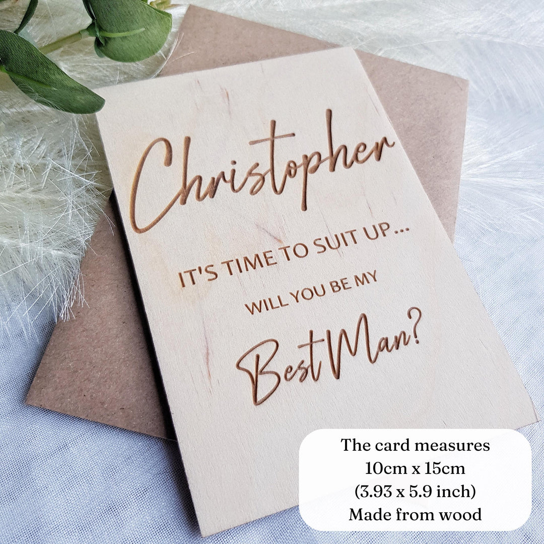 Best Man Wooden Card - It's time to suit up, kilt up - Personalised Wedding Proposal Keepsake - Will you be my Usher