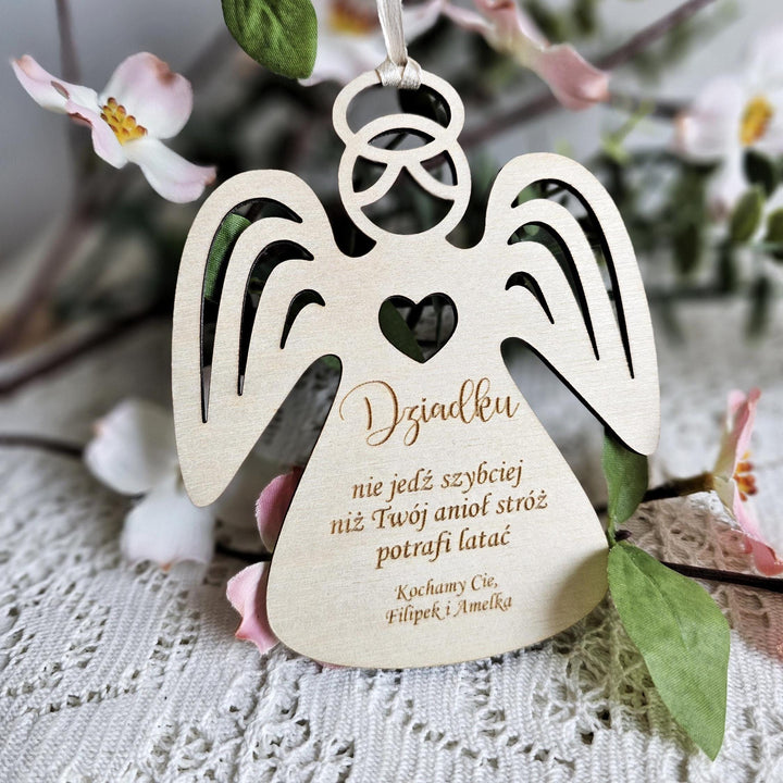 Rear Car Mirror Angel Lucky Charm, Personalised Drive Safe Wooden Pendant, Gift for Dzien Babci Dziadka Grandfather Grandmother Mum Dad