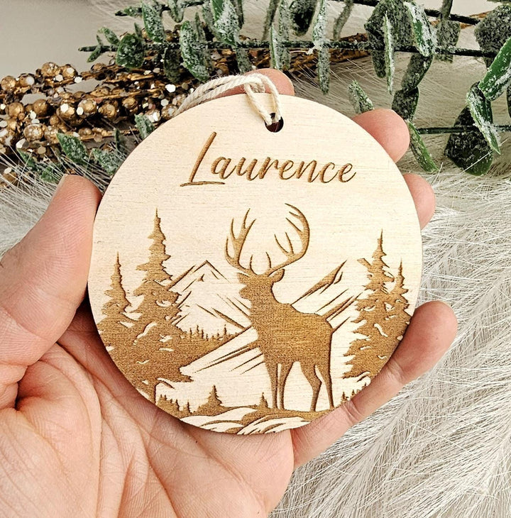 Customizable Winter Forest Deer Wooden Christmas Ornament - Festive Keepsake Decoration
