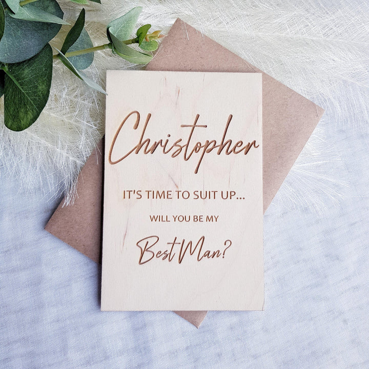 Best Man Wooden Card - It's time to suit up, kilt up - Personalised Wedding Proposal Keepsake - Will you be my Usher