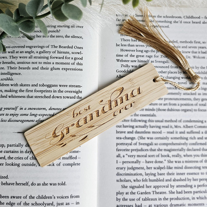 Personalised Wooden Bookmark - Eco Friendly Bamboo Gift with Golden Tassel for Grandmother