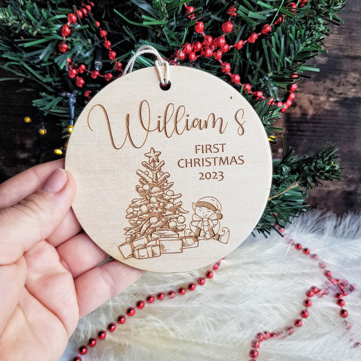 Personalised Babys First Christmas Tree Bauble - Round Wooden Ornament with Name and Festive Design