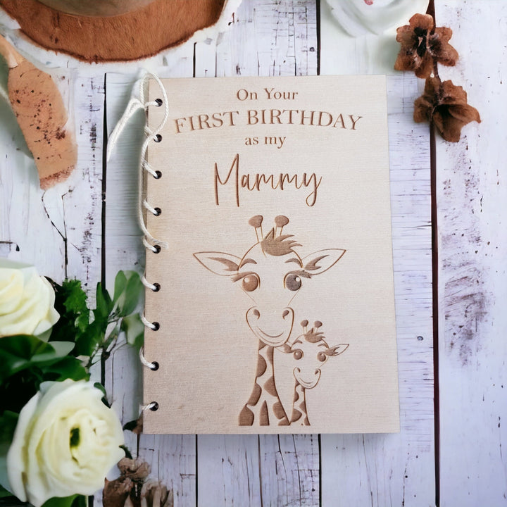 Personalised Birthday Card Gift for Mother - Giraffe Mum and Child Rustic Wooden Keepsake - Perfect for Grandmothers and Aunties