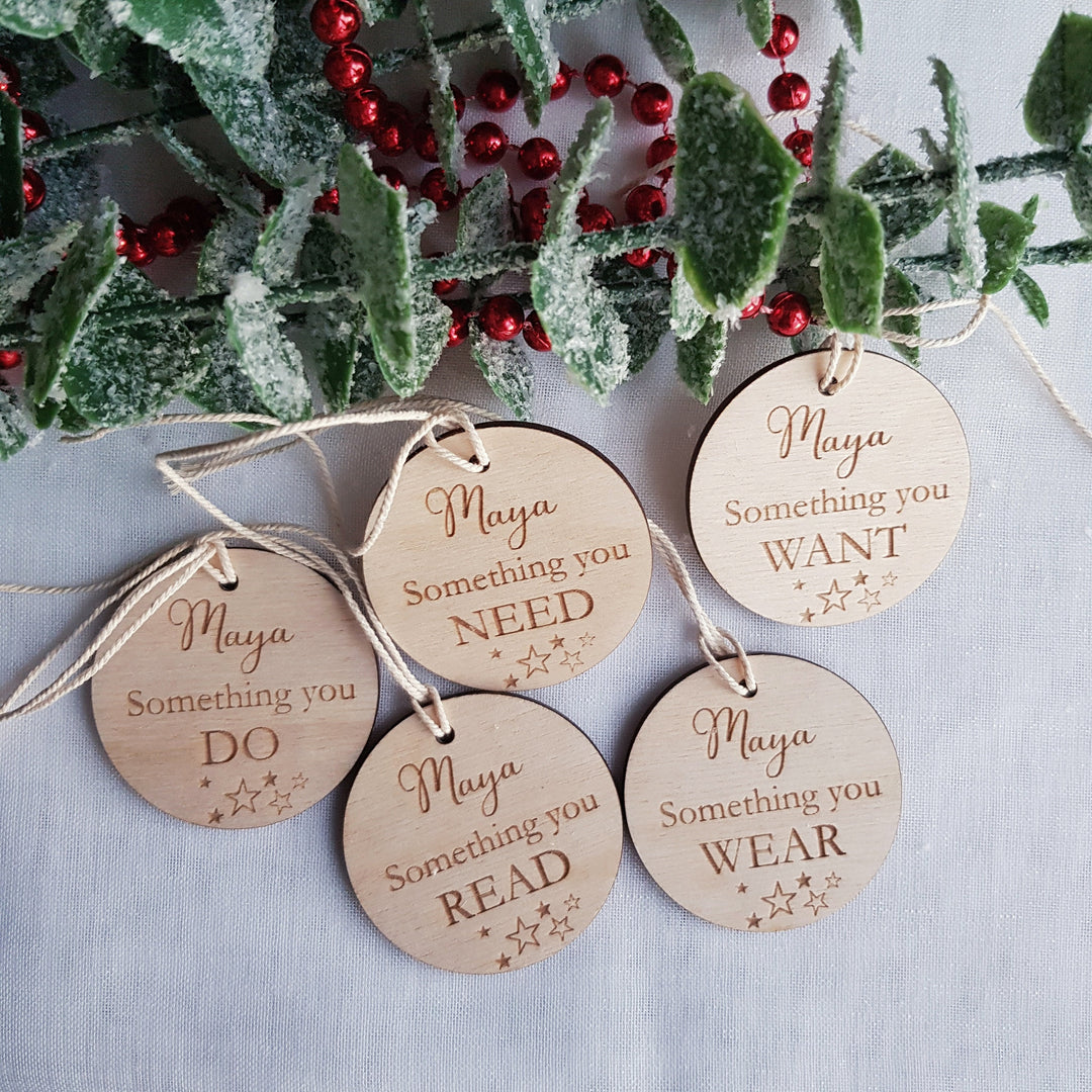 Personalized Rustic Christmas Gift Tags - Want Wear Need Read Labels