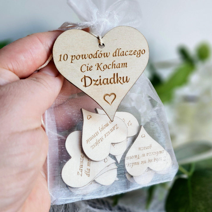 10 reasons why I love you Grandpa Polish Dzien Babci i Dziadka, Eco wooden gift tokens, engraved hearts gift for Grandmother and Grandfather