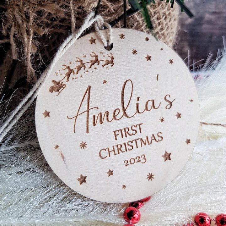 Personalised Baby's First Christmas Tree Bauble - Wooden Keepsake with Santa Sleigh - Custom Name Ornament - Round Ornament