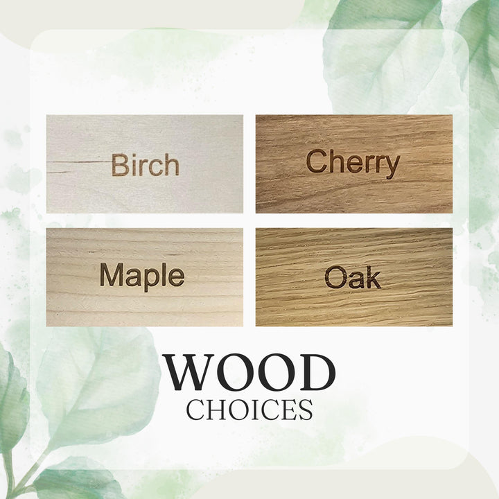 four different types of wood, each with a label indicating the type of wood, such as Birch, Cherry, Maple, and Oak. The text &quot;WOOD CHOICES&quot; is displayed at the bottom of the image.
