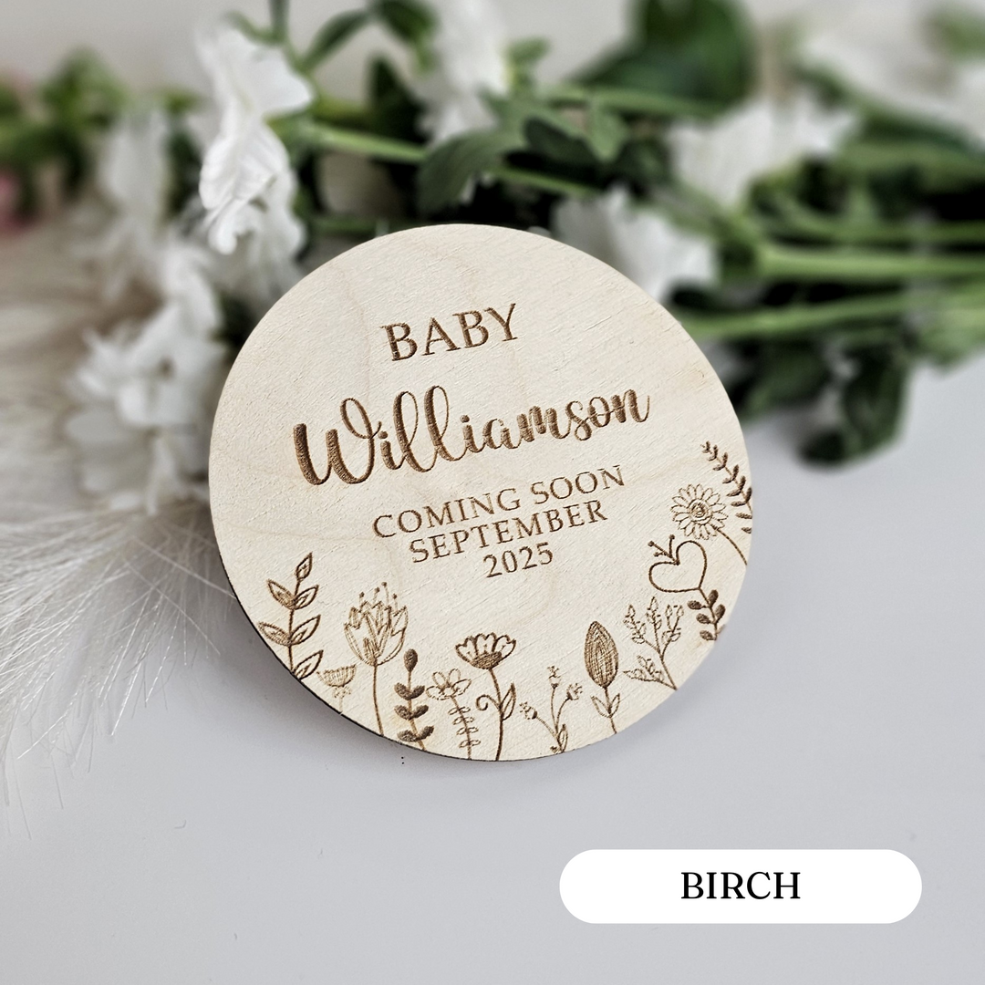 Coming Soon Baby Announcement Plaque - Floral Meadow - Personalised Wooden Milestone Disc & Photo Prop