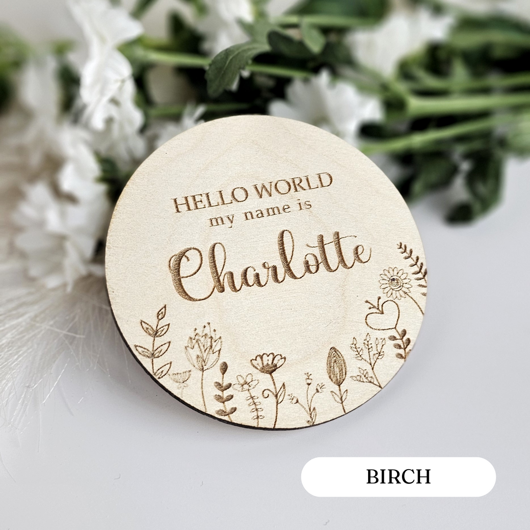 Personalised Wooden Baby Name Announcement Plaque – "Hello World, My Name Is" – Floral Meadow Design