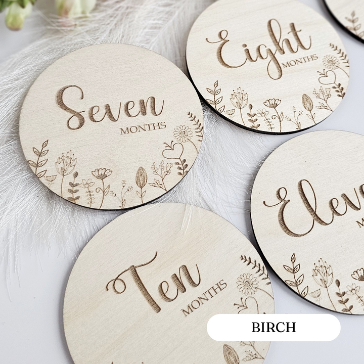 Baby Milestone Cards Floral Meadow, Wooden Month Discs, Personalised Milestone Plaques, Newborn Gift, Social Media Photo Props, Baby shower - set of 6 discs