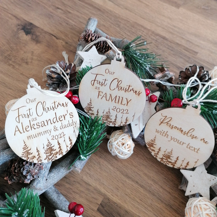 Wooden Christmas tree decoration, First Christmas as Family, Xmas ornament, Eco Christmas Bauble, Personalised Christmas gift