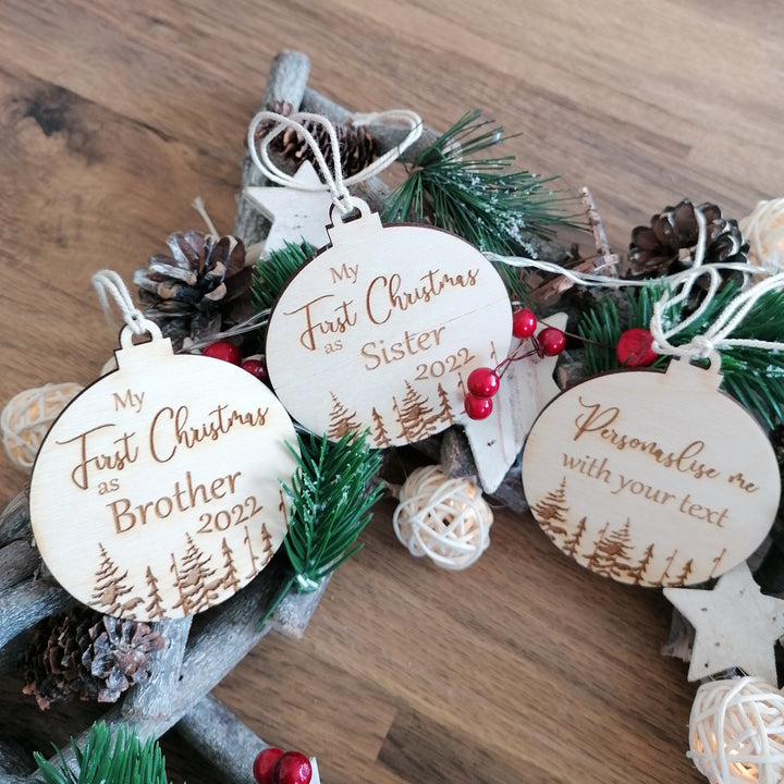 Wooden Christmas tree decoration, First Christmas as Family, Xmas ornament, Eco Christmas Bauble, Personalised Christmas gift