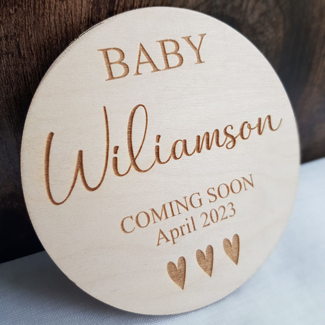 Baby Announcement Plaque Coming Soon, Personalised Wooden Milestone Sign, Photo Props Disc, New Baby Disc Keepsake