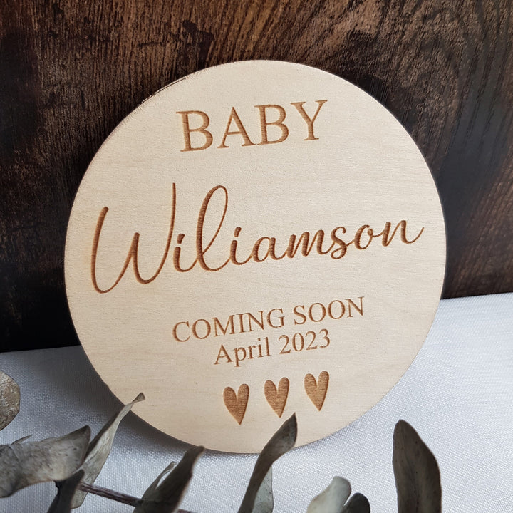 Baby Announcement Plaque Coming Soon, Personalised Wooden Milestone Sign, Photo Props Disc, New Baby Disc Keepsake