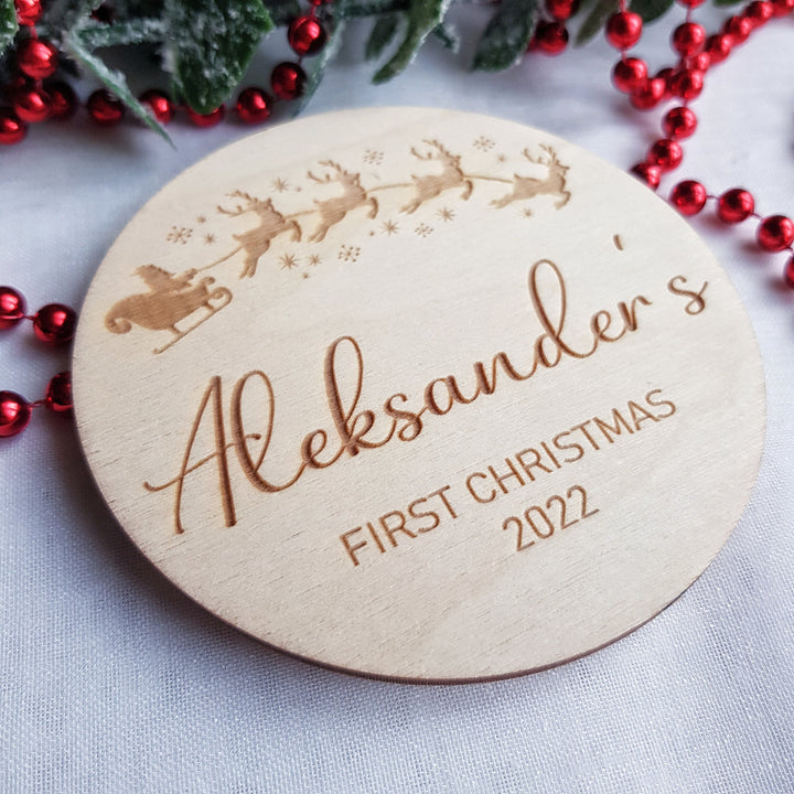 Personalised Baby First Christmas Plaque, Christmas Eve Box / Crate label, Milestone Card Photo Prop Disc, Social Media Flat Lay Prop