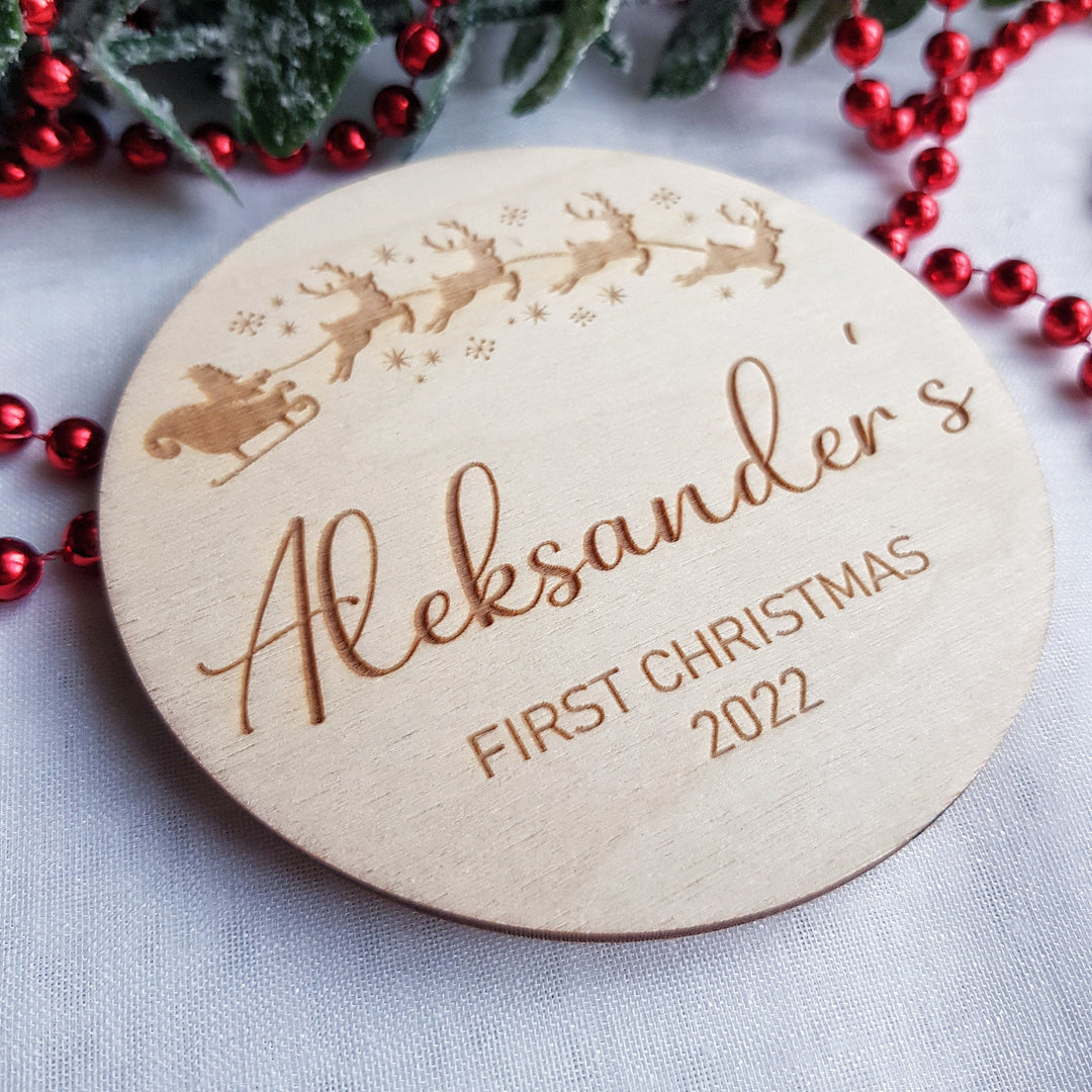 Personalised Christmas Eve Box / Crate label, Baby First Christmas disc, Milestone Card/Discs Photo Prop Plaque | Social Media Flat Lay Prop