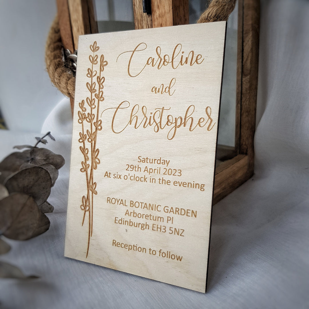 Personalised Rustic Wooden Wedding Invitation - Lavender design - Birthday Anniversary Baptism Christening Confirmation Party Dinner Invite