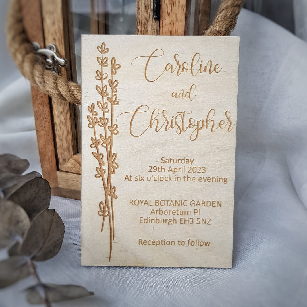 Personalised Rustic Wooden Wedding Invitation - Lavender design - Birthday Anniversary Baptism Christening Confirmation Party Dinner Invite