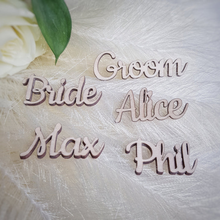 Rustic wooden cut names / words, custom laser cutouts, wedding place cards, place settings, wall art and craft, 4 height sizes