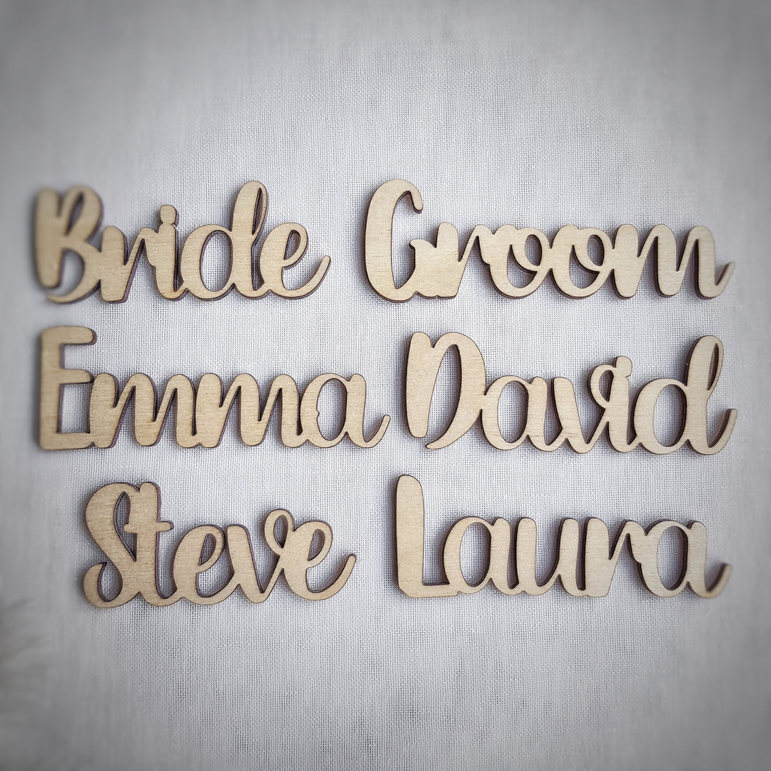 Personalised Laser Cut Wooden Words, Rustic Wedding Place Cards, Place Settings Names, wall art and craft