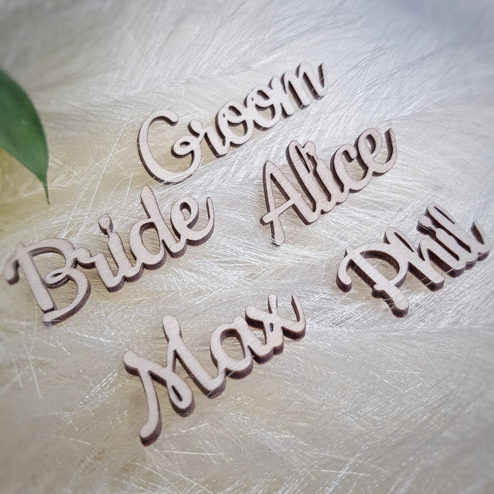 Rustic wooden cut names / words, custom laser cutouts, wedding place cards, place settings, wall art and craft, 4 height sizes