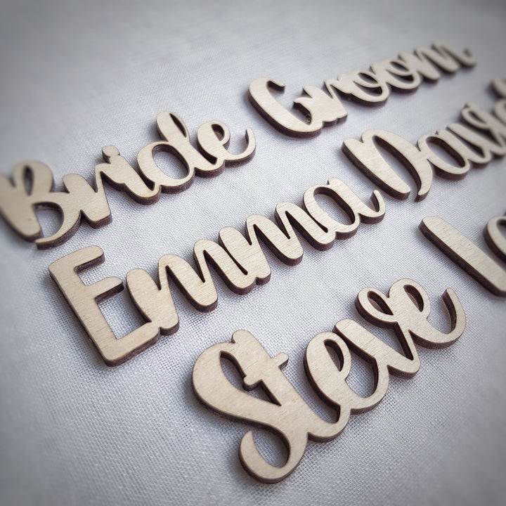 Personalised Laser Cut Wooden Words, Rustic Wedding Place Cards, Place Settings Names, wall art and craft