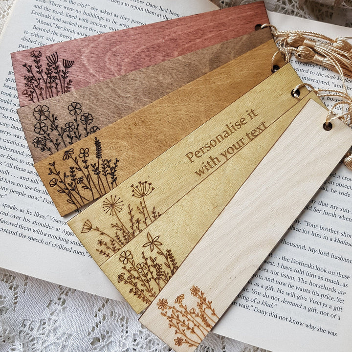 Personalised Floral Engraved Wooden Bookmark - Book Lover Gift