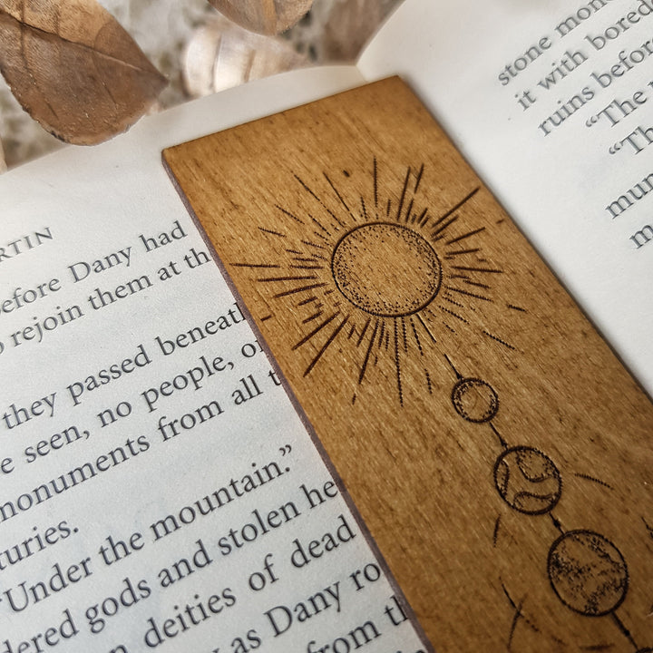 Elegant Wooden Solar System Bookmark - Moon and Planets with Mystical Line Art