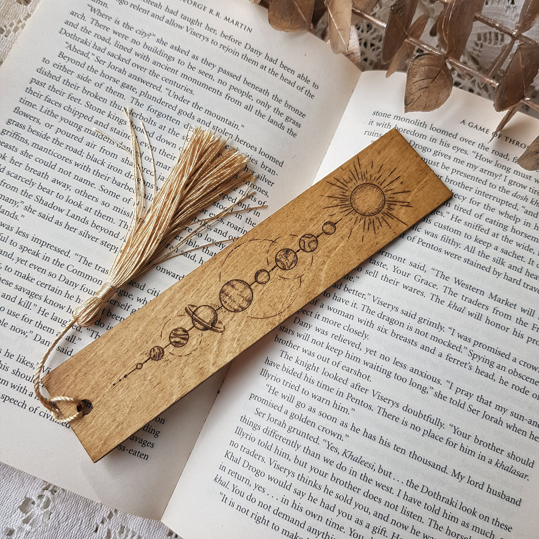 Elegant Wooden Solar System Bookmark - Moon and Planets with Mystical Line Art