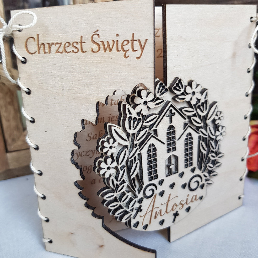 Personalised Wooden Christening Gift Card with Beautiful Church Design