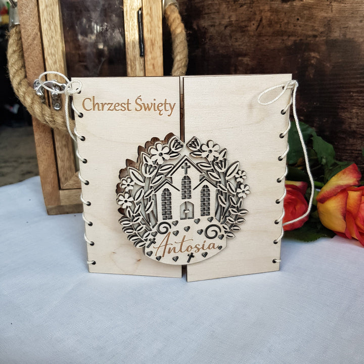 Personalised Wooden Christening Gift Card with Beautiful Church Design