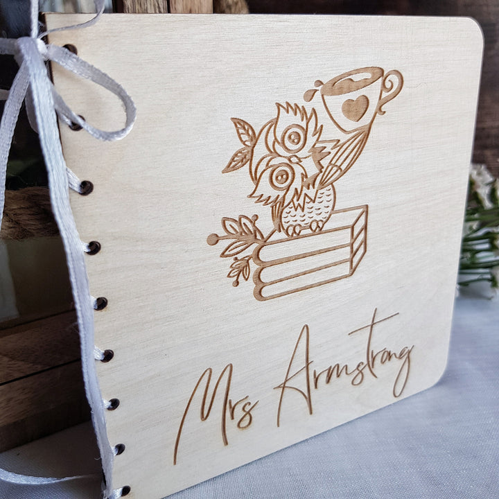 Personalized Teacher Owl Coffee Design Wooden Card