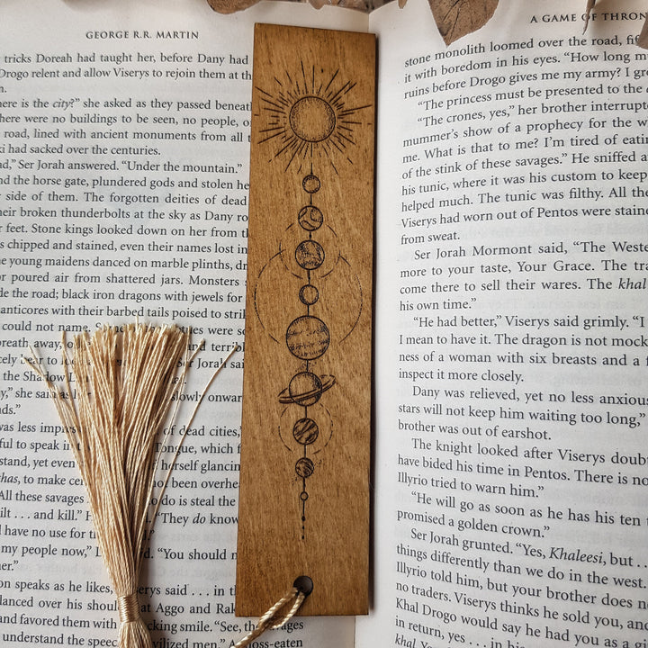 Elegant Wooden Solar System Bookmark - Moon and Planets with Mystical Line Art