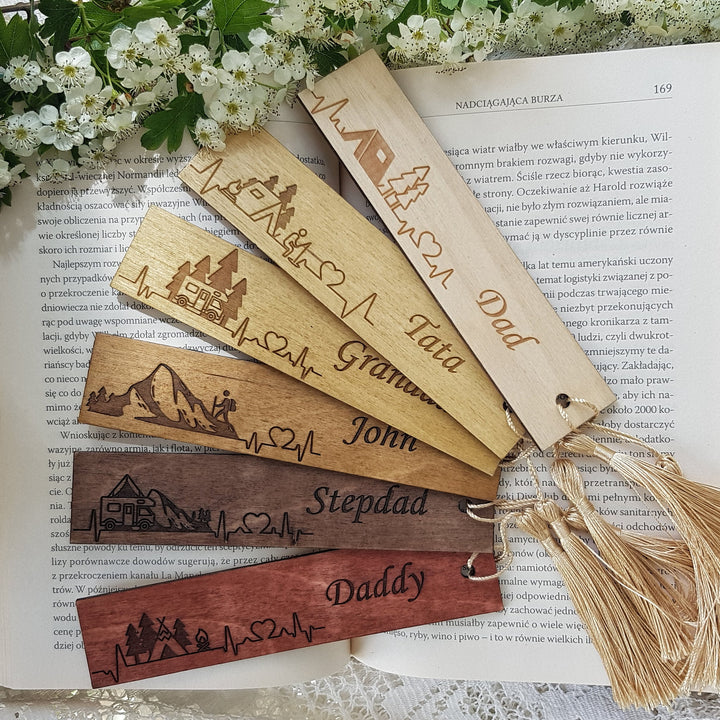 Personalised Wooden Bookmark Hiking and Camping Heartbeat Line - Travel Gift Idea