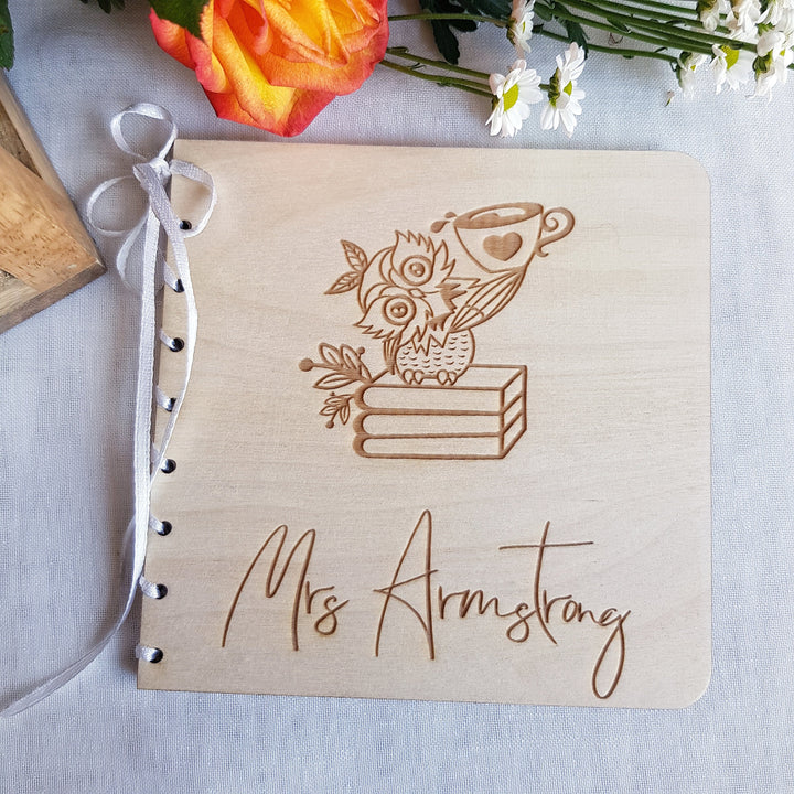 Personalized Teacher Owl Coffee Design Wooden Card