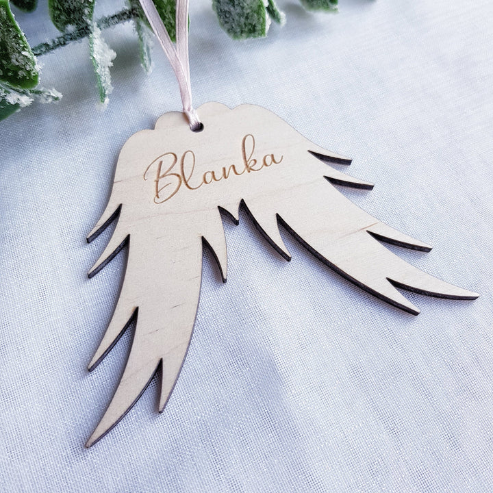 Christmas Ornament Angel Wings with Name - Christmas Tree Wooden Bauble, Personalised Memorial Keepsake