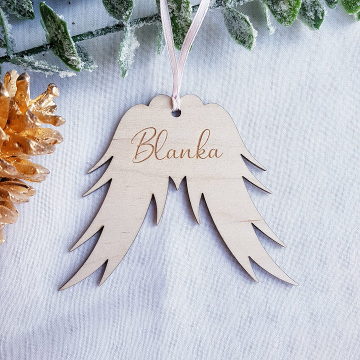 Christmas Ornament Angel Wings with Name - Christmas Tree Wooden Bauble, Personalised Memorial Keepsake