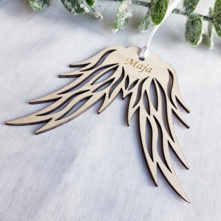 Christmas Ornament Angel Wings with Name - Christmas Tree Wooden Bauble, Personalised Memorial Keepsake