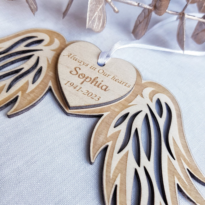 Customised Memorial Angel Wings Bauble Keepsake- Personalised Wooden Christmas Tree Decoration - Sympathy Gift for Loss and Bereavement