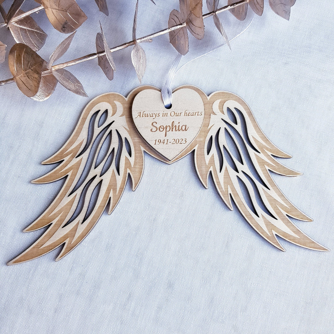 Customised Memorial Angel Wings Bauble Keepsake- Personalised Wooden Christmas Tree Decoration - Sympathy Gift for Loss and Bereavement