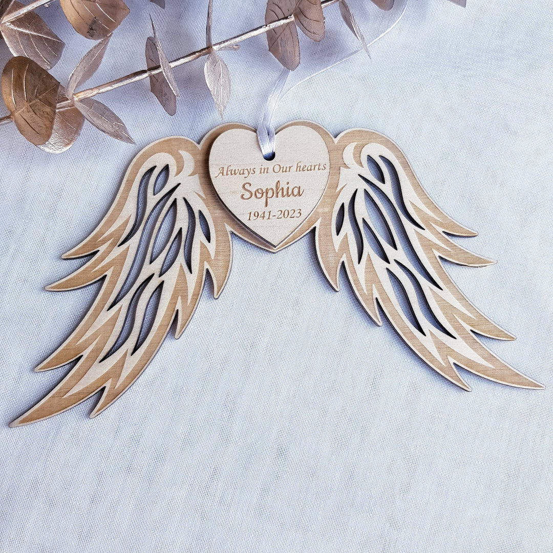 Customised Memorial Angel Wings Bauble Keepsake- Personalised Wooden Christmas Tree Decoration - Sympathy Gift for Loss and Bereavement