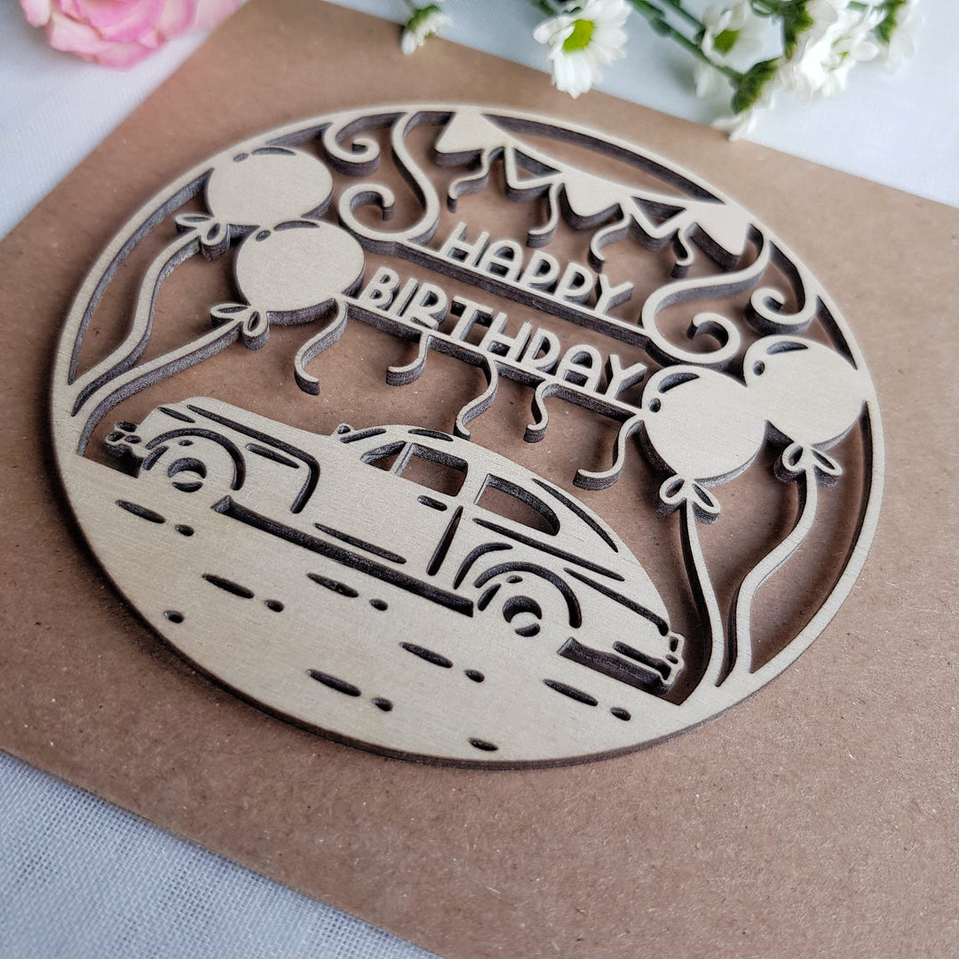 Vintage Car Wooden Card, Birthday Greetings with Balloons for Classic Cars Fan