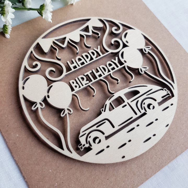 Vintage Car Wooden Card, Birthday Greetings with Balloons for Classic Cars Fan